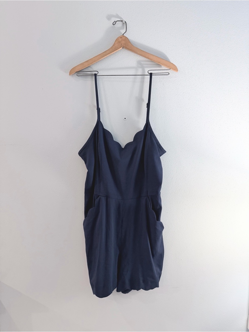 Women's Navy Scallop Neck Sleeveless Romper